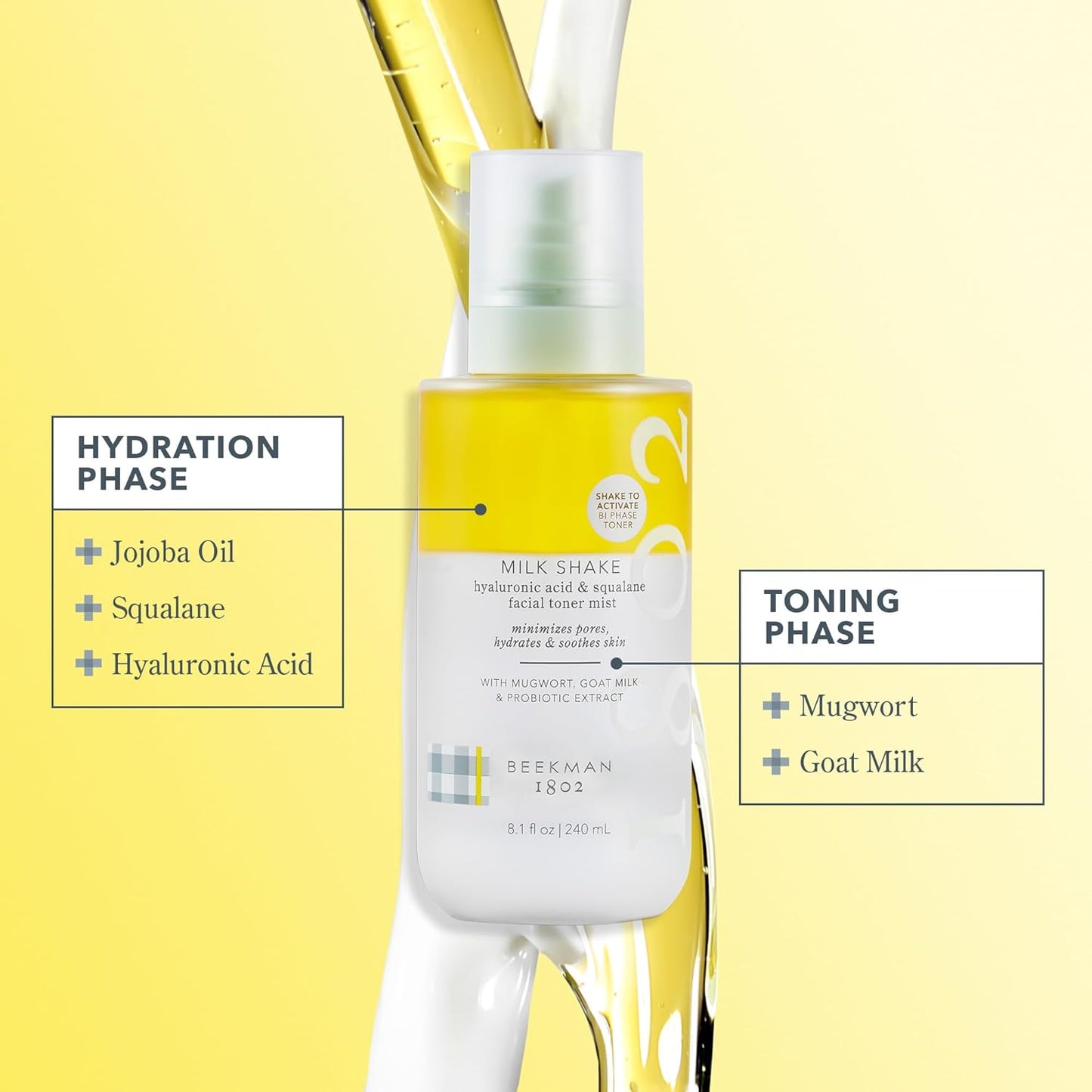 Beekman 1802 Milk Shake Hydrating Face Mist - Hyaluronic Acid & Squalane Facial Mist Minimizes Pores & Gently Moisturizes - Goat Milk Skin Toner Spray - Lightweight, Fragrance-Free Travel Toner