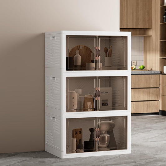 JOYMOOP Folding Storage Bins Organizer, 252 Quart Collapsible Storage Boxes with Wheels and Door, Stackble Plastic Storage Container for Clothing, Books and Sundries (XXL, 21 Gal Per, 3 Tiers)