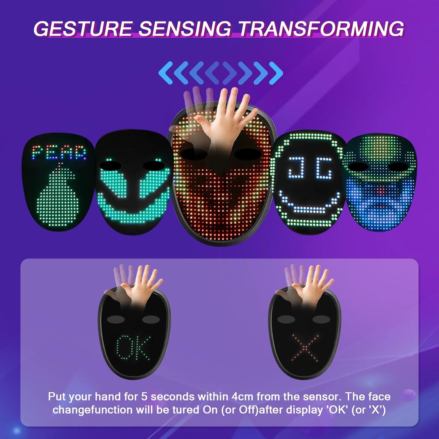 LED Mask with Gesture Sensing - 70 Patterns Display - Kids Halloween Christmas Costume Cosplay Masquerade