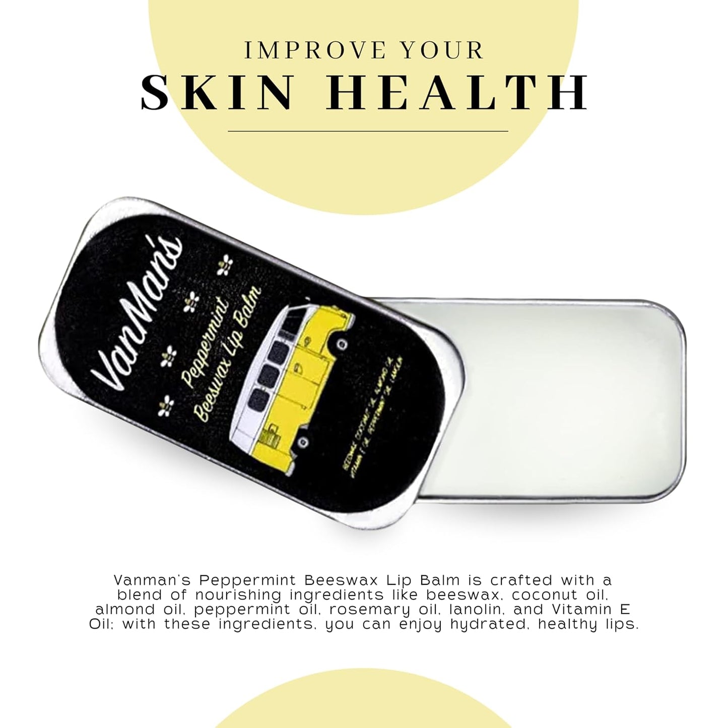 Vanman’s - Handmade Peppermint Beeswax Lip Balm (3 Pack) - Peppermint Lip Balm with Rosemary, Almond and Coconut Oil - Bee Balm with Vitamin E - Ideal for Dry Lips