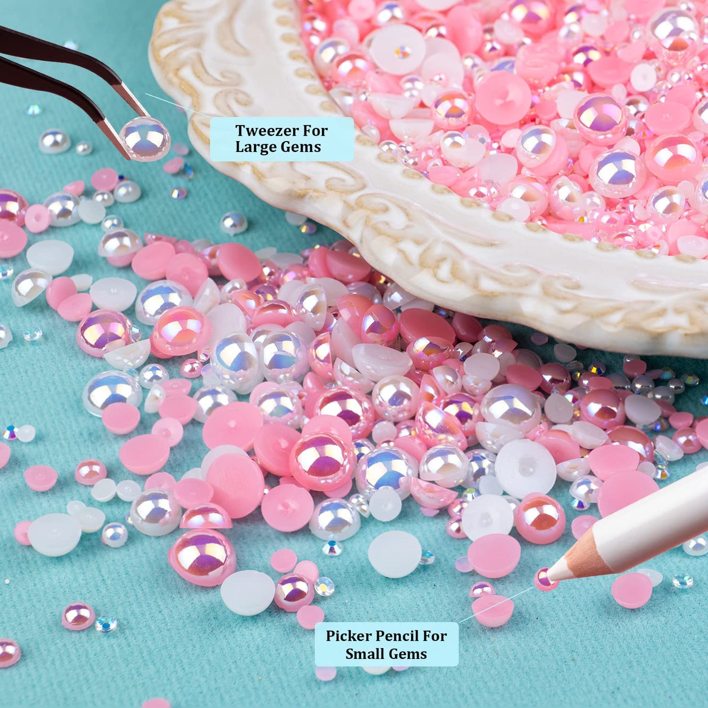 150g Flatback Pearls and Rhinestones, Pink&White Mixed Size 3-10mm Resin Rhinestones and Half Pearls for Nail Art and Crafts and Decoration with Picking Tools