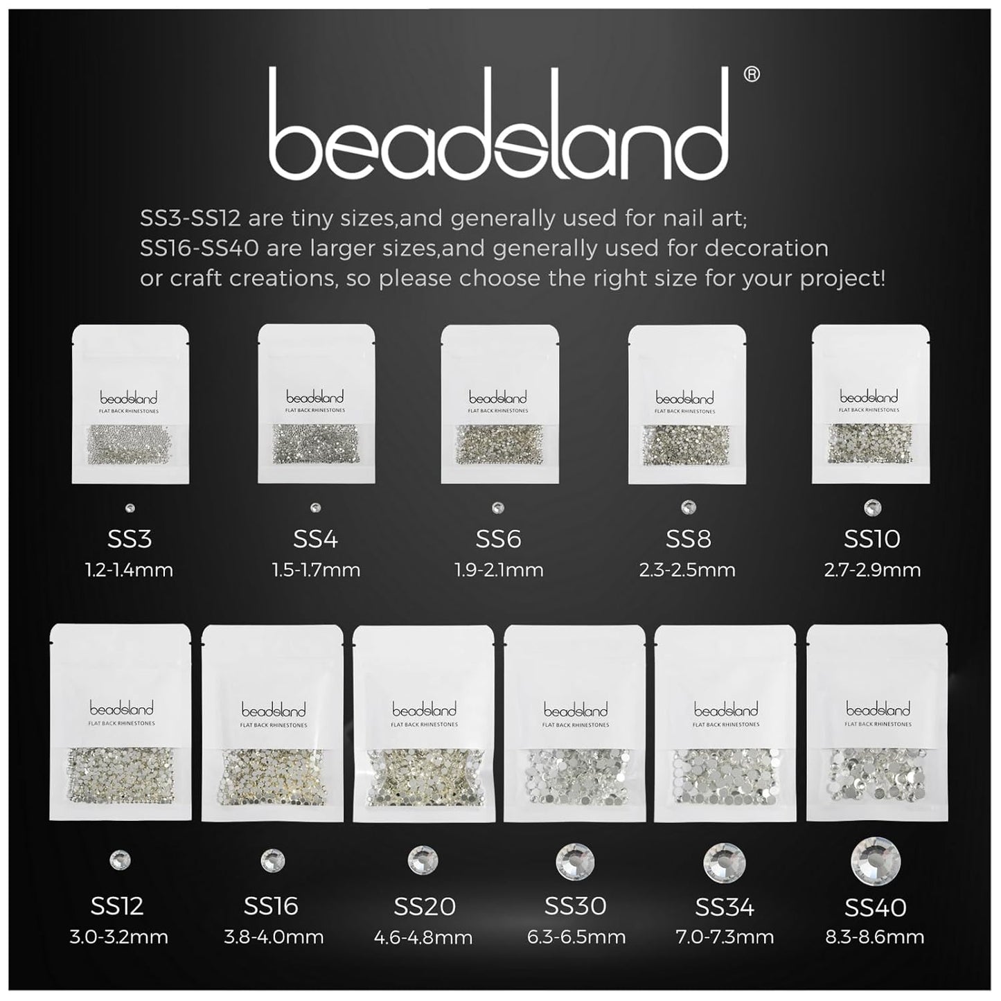 Beadsland 1440 Pieces Flat Back Crystal Rhinestones Round Gems,1.3mm-6.5mm,Indicolite,SS3,1.3-1.5mm