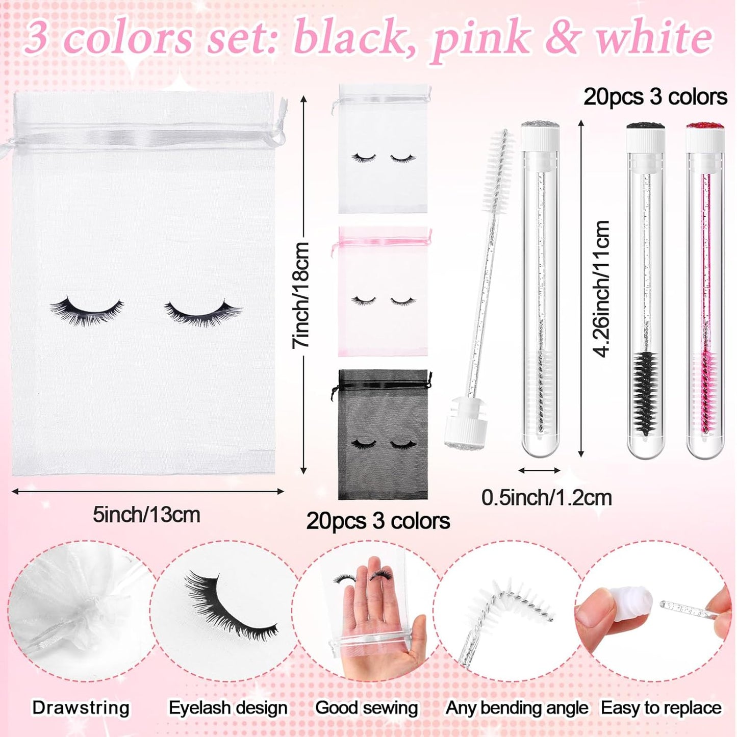 Zhehao 80 Pcs Lash Shampoo Bottle Brushes Kit 20 Foam Pump Dispensers 20 Lash Shampoo Brushes 20 Eyelash Aftercare Bag 20 Cleaning Pipes, Eyelash Extension Supplies(Colorful)