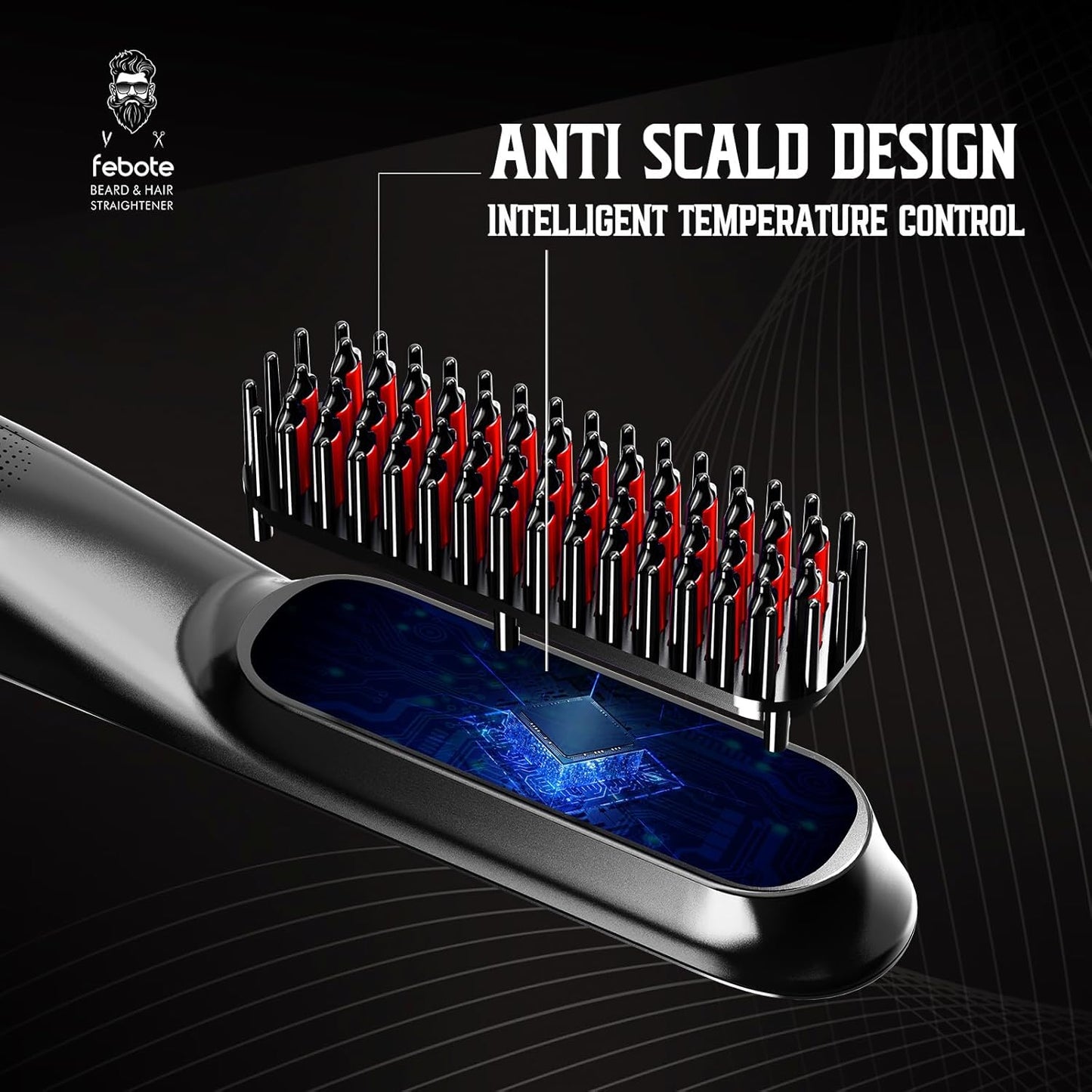 Heated Ionic Hair Straightening Brush for Men - 5 Temperature Settings, Anti-Scald, Beard Shaper & Travel Bag