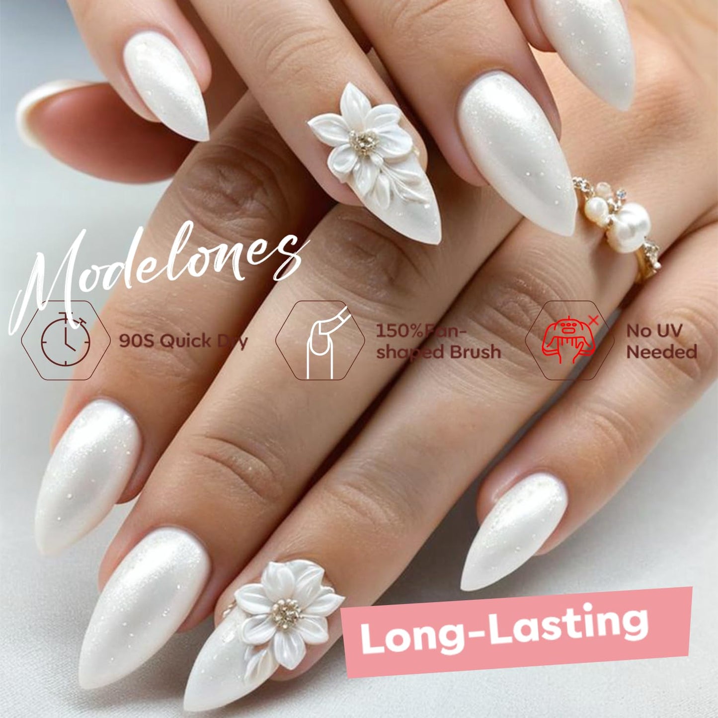 modelones Pearl White Nail Polish, Shimmer Glitter White 15 ml Quick Dry Nail Lacquer Strengthener Long Last Shine Fingernail Toe Nail Art DIY Home Travel Manicure Gift for Women Girls 0.5 Fl Oz