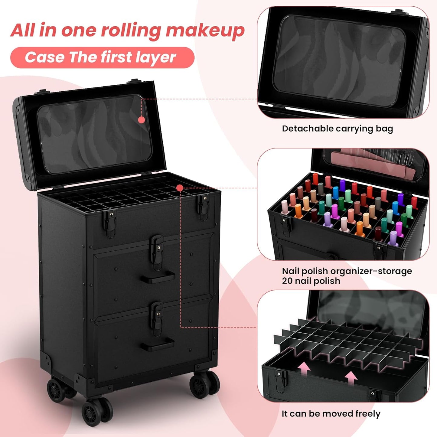 Large Rolling Makeup Train Case, Professional Travel Cosmetology Case on Wheels with Drawers, 3 Tiers Nail Organizers Storage Case for Nail Tech, Tattoo, Hairstylist, Makeup, Large
