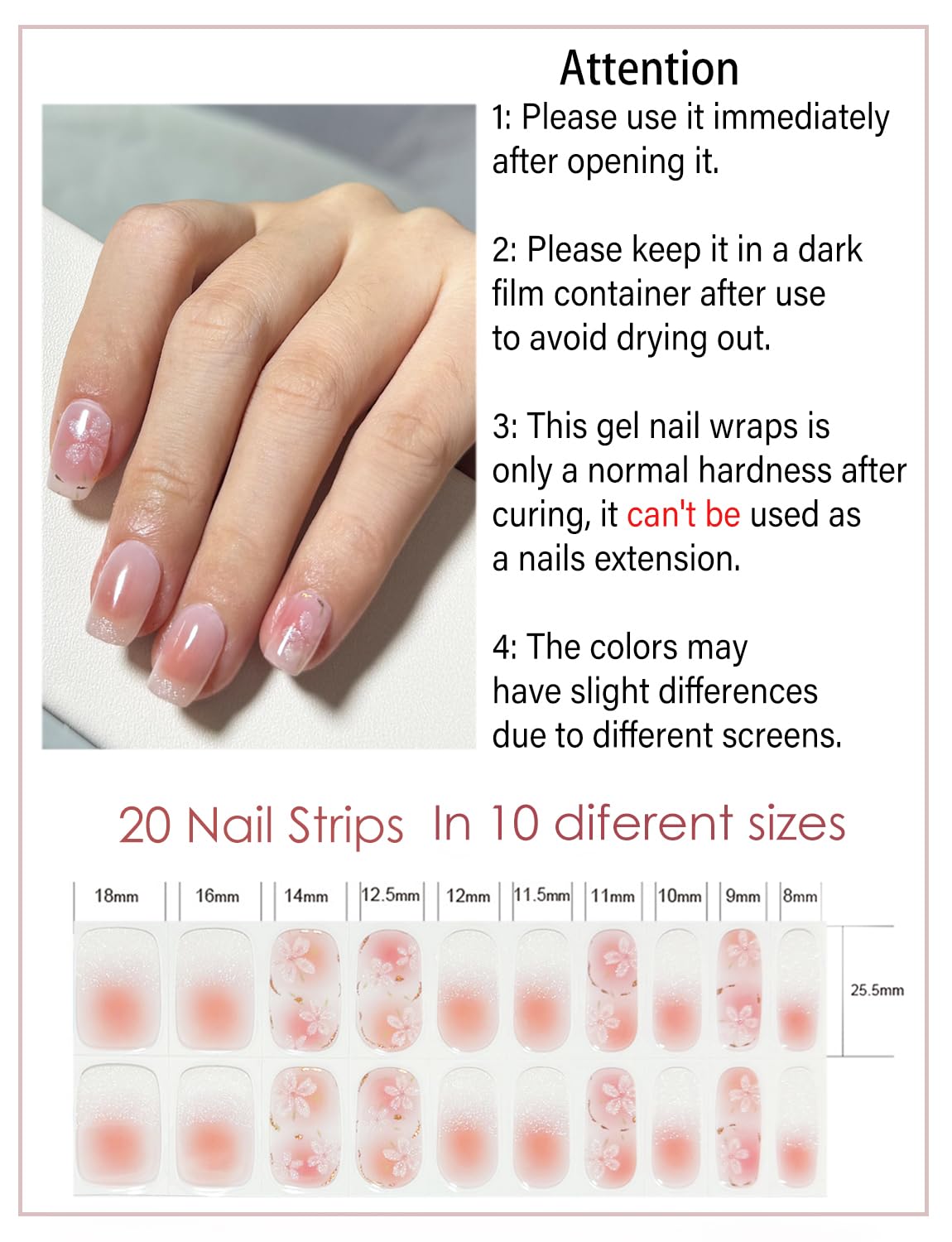 Semi Cured Gel Nail Strips, 20pcs Macaron French Gel Nail Stickers Work with UV, Easy to Use and Remove