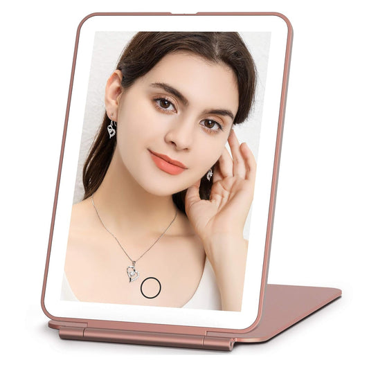 FUNTOUCH Rechargeable Travel Makeup Mirror with 72 Led Lights, Portable Lighted Beauty Mirror, 3 Color Lighting, Dimmable Touch Screen, Tabletop LED Folding Cosmetic Vanity Mirror