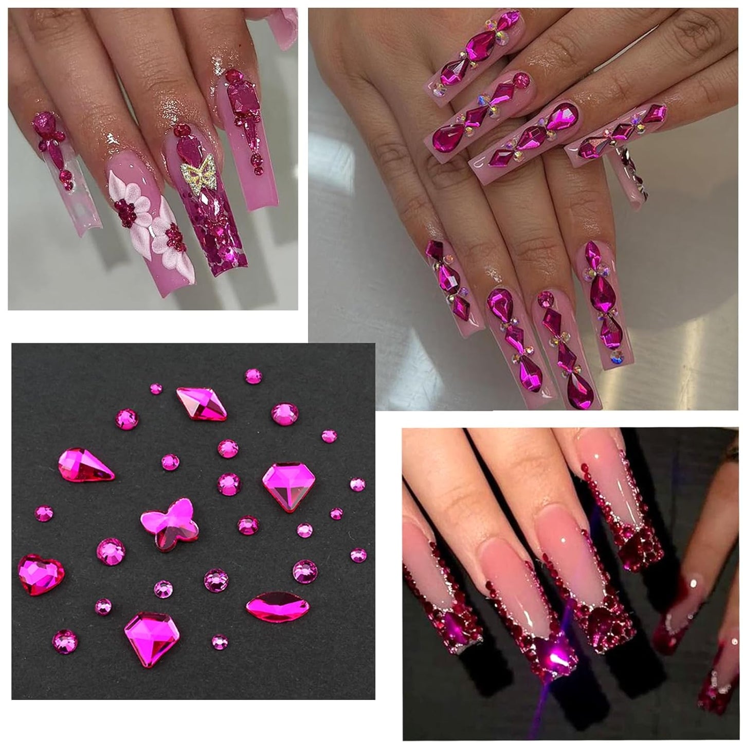 4 Boxes Pink Red Nail Gems Bow Flower Nail Charms for Acrylics - Irregular Crystals, Nails Rhinestone & Accessories for Women Nails Art Design Nails Decor(Pink & Red)