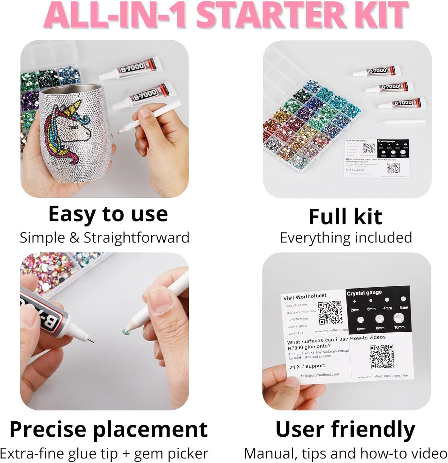 30000Pcs Resin Rhinestones Set for Crafting Bedazzling, Pink Flatback Gems Jewels for Crafts Clothes Shoes Fabric Outfit Nails Makeup, Flat Back Light Pink Crystal 2-6mm with b 7000 Glue