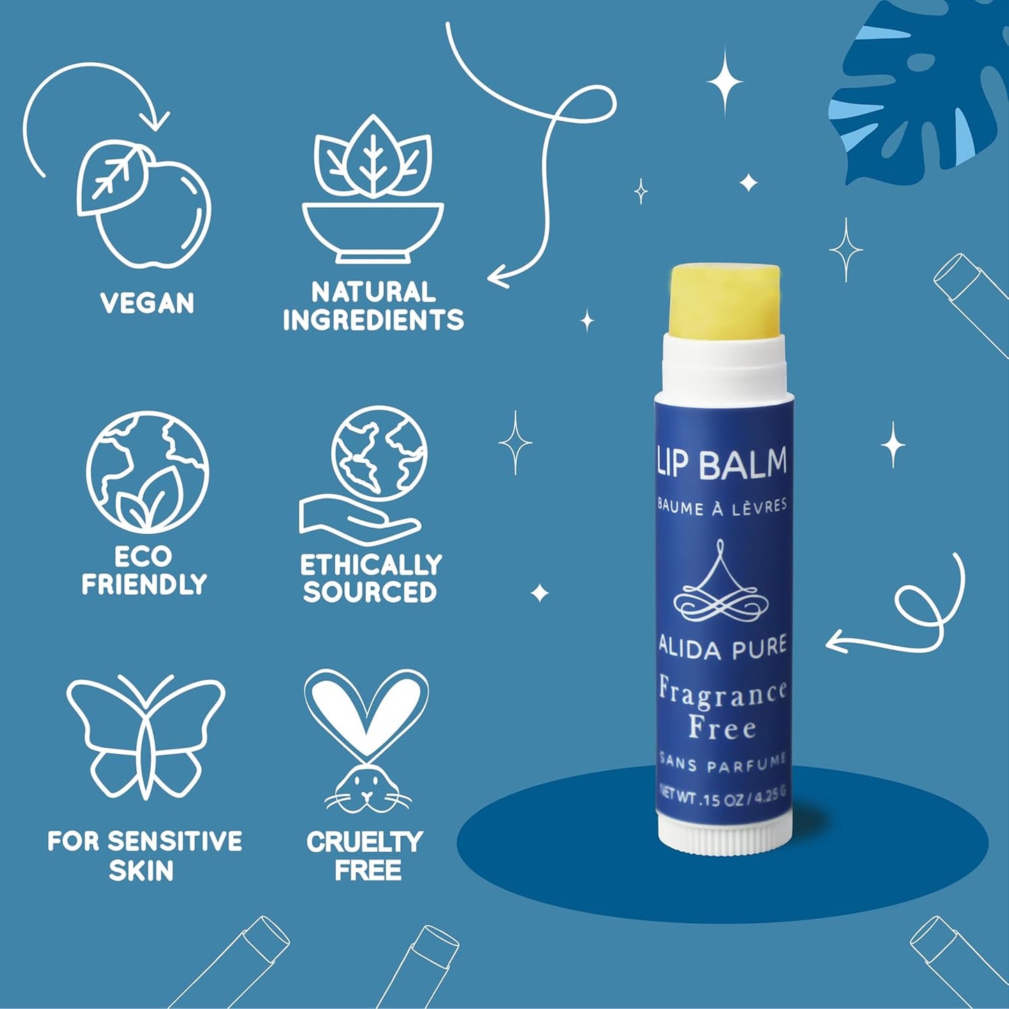 Fragrance Free Lip Balm, Vegan Set, Unscented, No Flavor, Beeswax Free, Organic Jojoba and, Avocado Oil, Vitamin E, Natural Moisturizer for Dry, Chapped, or Cracked Lips, 5 Tube Set