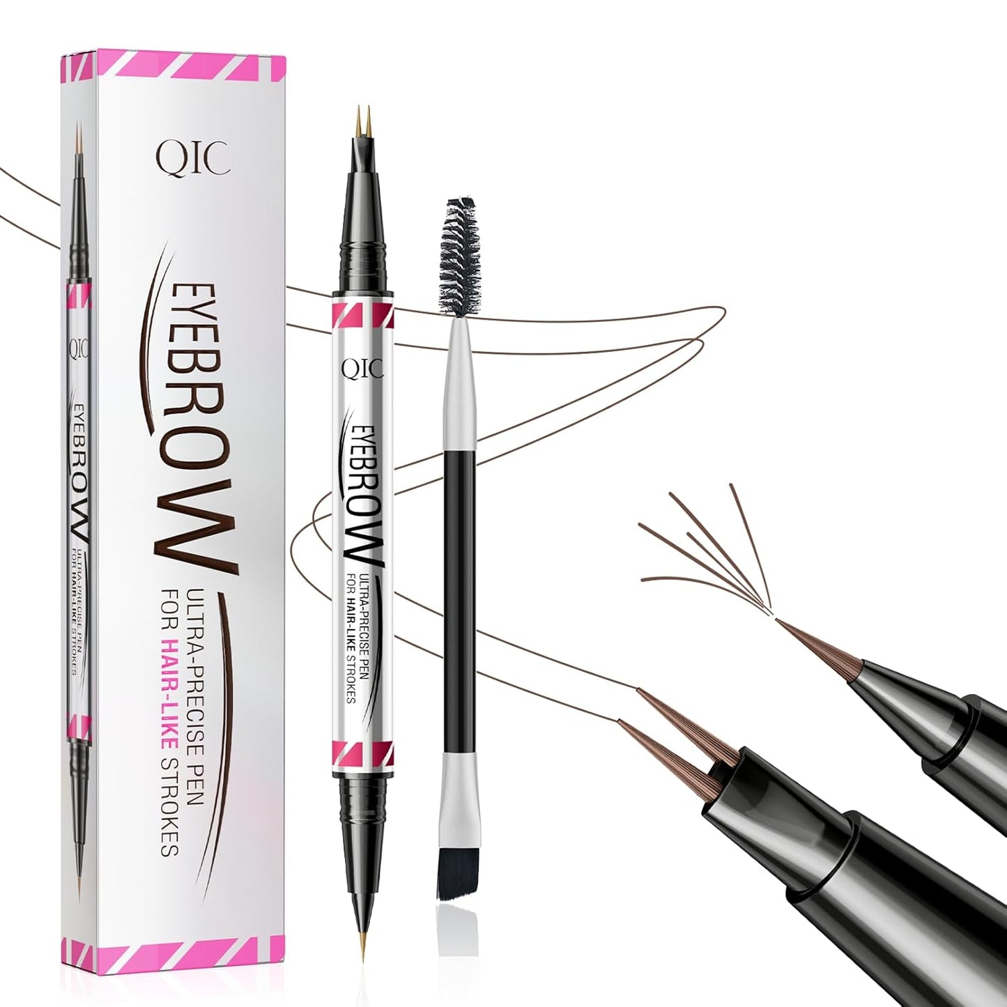 Microblading Eyebrow Pen,2-in-1 Dual-Ended Eye Brow Pencil with 2-Fork-Tip and Precise Brush-Tip, Waterproof Long Lasting Eyebrow Pen for Natural Hair-Like Brows(Brown)