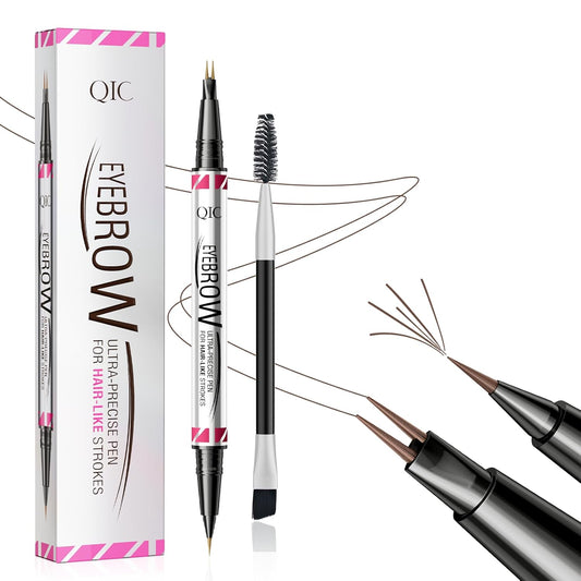 Microblading Eyebrow Pen,2-in-1 Dual-Ended Eye Brow Pencil with 2-Fork-Tip and Precise Brush-Tip, Waterproof Long Lasting Eyebrow Pen for Natural Hair-Like Brows(Brown)