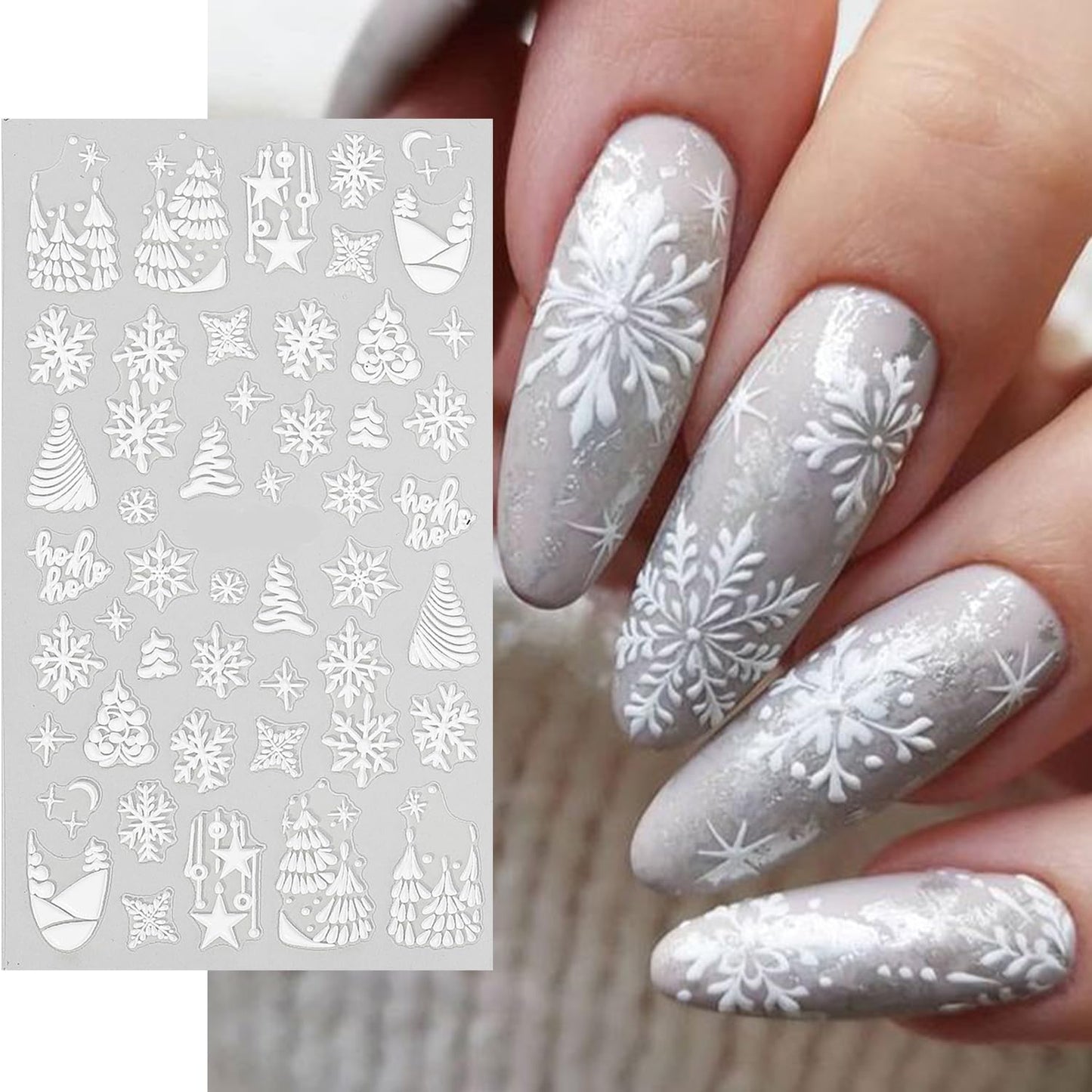 HNUIX Nail Stickers - Snowflake 5D, Self Adhesive Nail Decals, Multi Pattern, 4 Sheets, for Nail Art