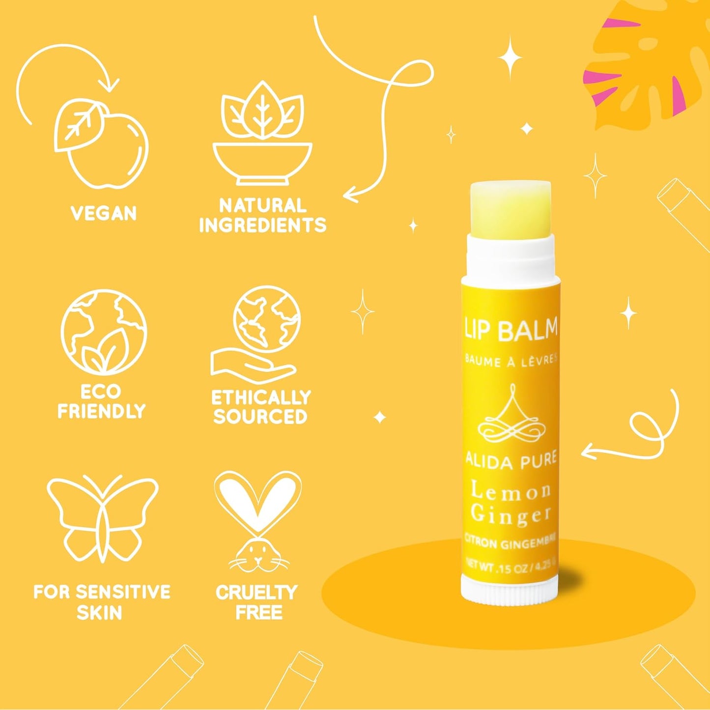 Lemon Ginger Lip Balm Collection, Vegan Set, Bees Wax Free, with Organic Jojoba and Avocado Oil, Vitamin E, Natural Moisturizer For Dry, Cracked, or Chapped Lips, 3 Tube Set