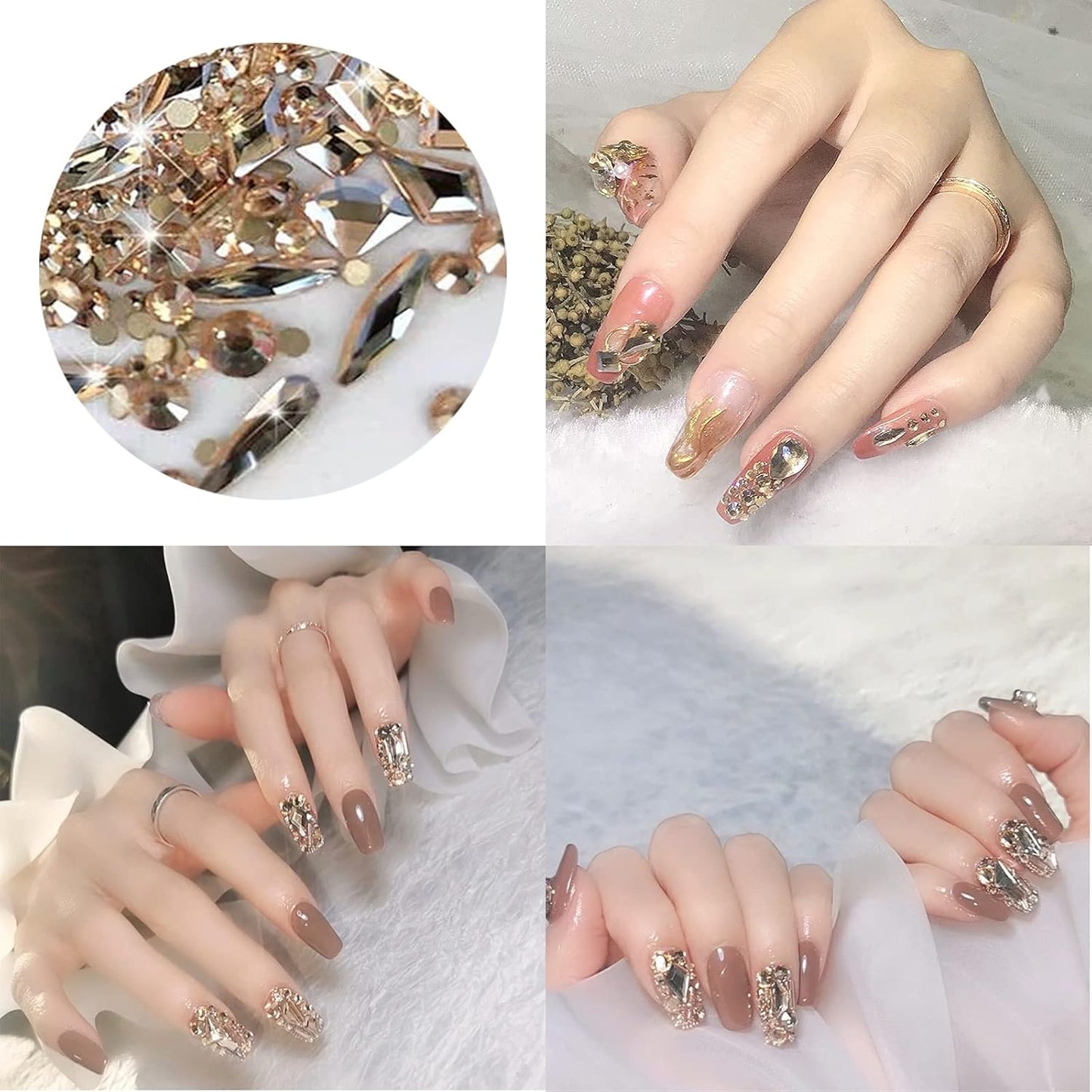 3100Pcs Flat Back Rhinestones for Nails, HOINCO Champagne Rhinestones for Nails, Mix 20 Styles Flatback Rhinestone/Gems, 600 Diamonds + 2500 Round Rhinestones Beads for Crafts with Tweezers Pen