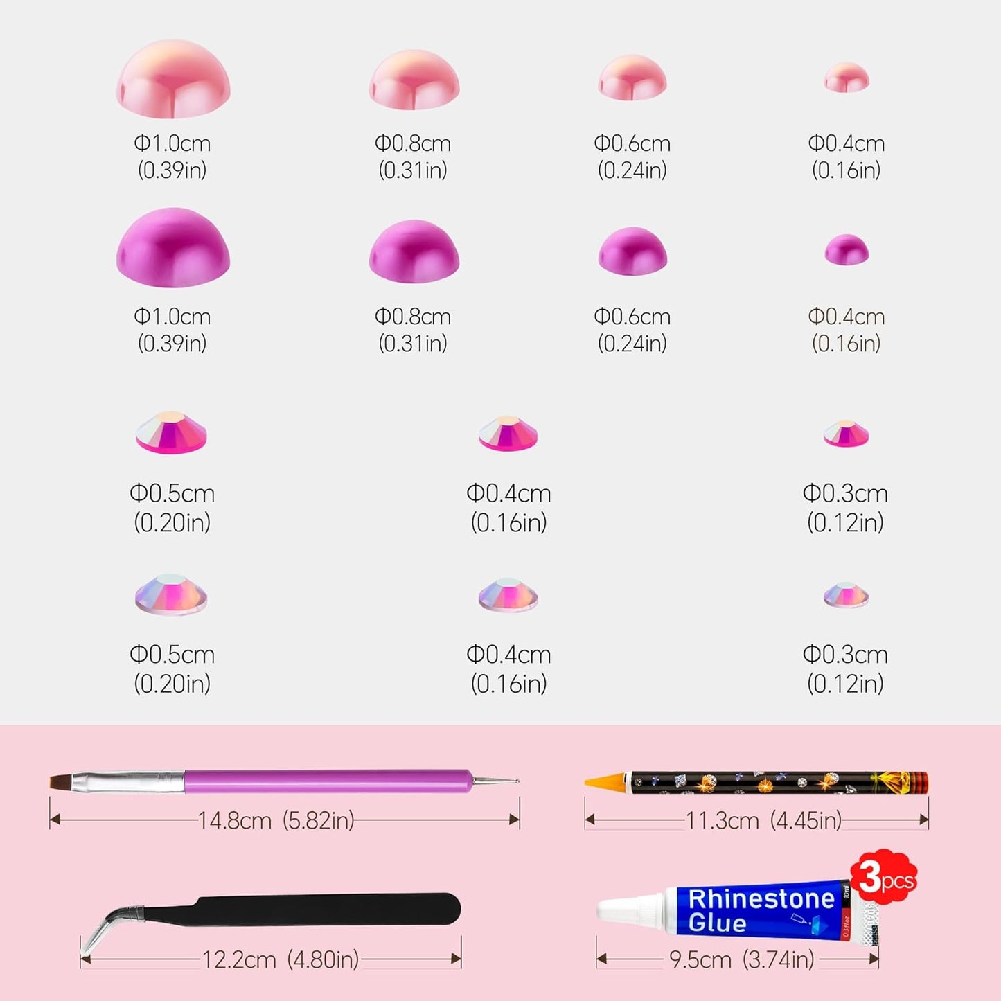 60g Peach Pink Pearls Rhinestones for Crafts Mixed Size 3mm-10mm AB Color Round Half Pearls Flatback Pearl Beads and Resin Rhinestones Set for Face Art with Gel