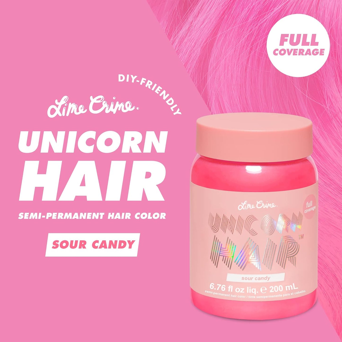 Lime Crime Unicorn Hair Dye Full Coverage, Sour Candy (Bright Pink) - Vegan and Cruelty Free Semi-Permanent Hair Color Conditions & Moisturizes - Temporary Hair Dye With Sugary Citrus Vanilla Scent