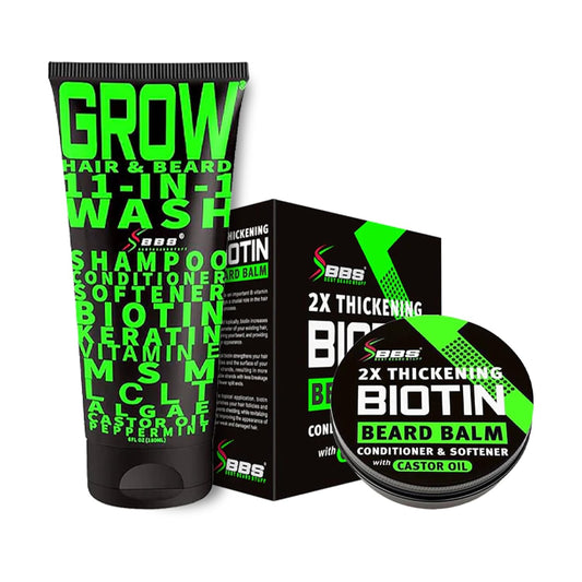 Beard Growth Kit w/ 2X Thickening Biotin Beard Balm for Men & Mustache Wax + GROW Maximum Strength Biotin 11-in-1 Hair Growth Shampoo and Conditioner for Men - Formulated in the USA
