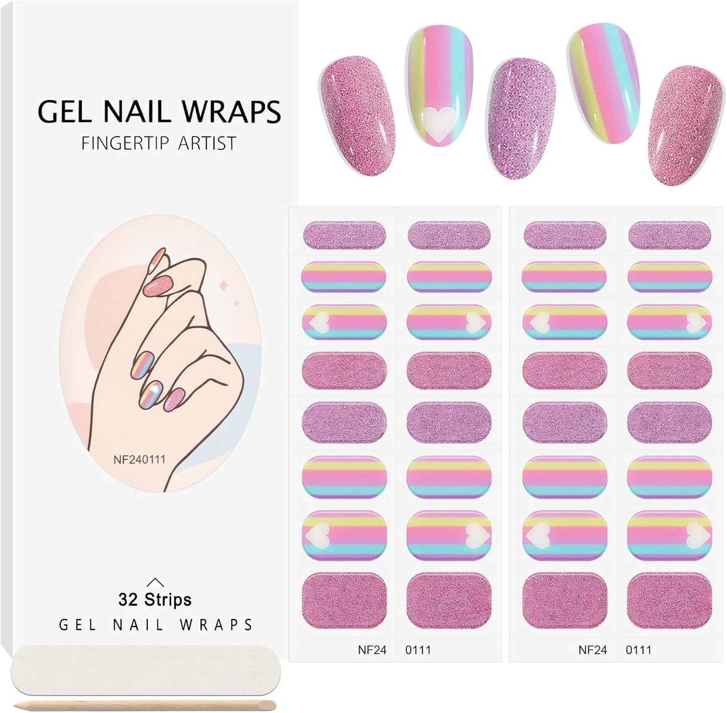 32PCS Semi-Cured Gel Nail Strips EBANKU Nail Polish Stickers Long-Lasting Semi-Cured Gel Nail Wraps Full Nail Polish Wraps Shiny Nail Decors Gel Nail Art Stickers UV/LED Lamp Required (Rainbow)