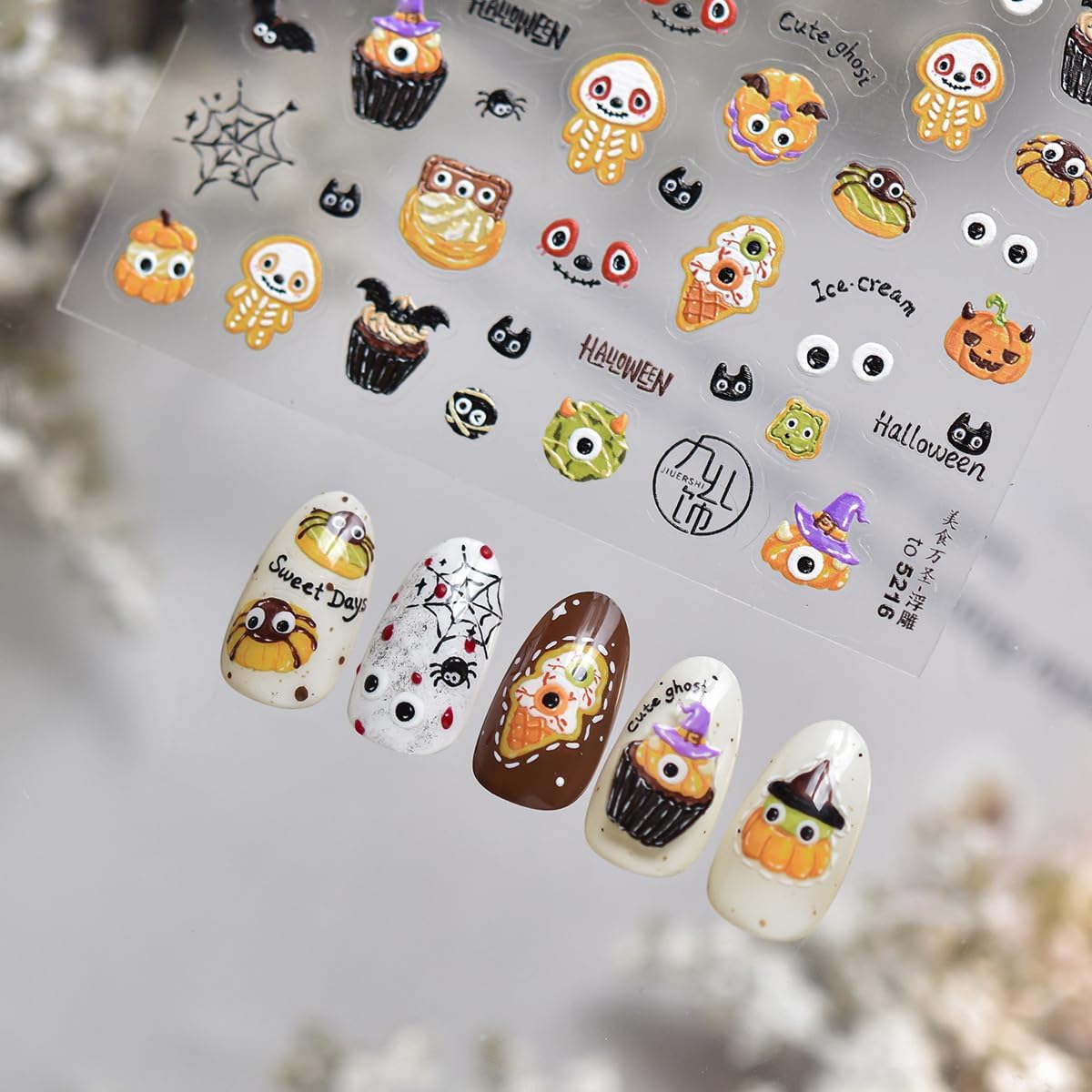 5D Halloween Nail Stickers Cute Nail Art Decals Self-Adhesive Cute Bear Horror Pumpkin Evil Eyes,Halloween-Themed Design DIY Holiday Decoration for Women Kids Party 1 Sheet