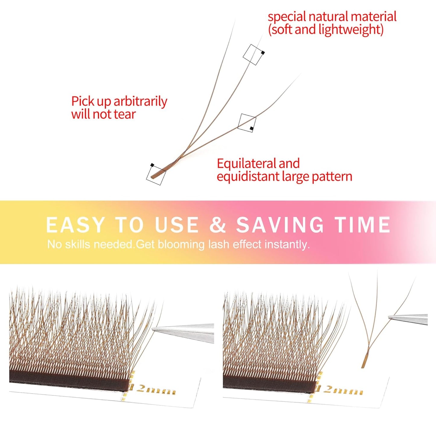 W Lash Extensions Brown 3D Eyelash Extensions W Shape 0.07mm Thickness C Curl Mix 8-15mm Premade Fans Lashes Easy Fan Volume Lashes Individual Lashes(W-Brown-3D-0.07-C,8-15mm)