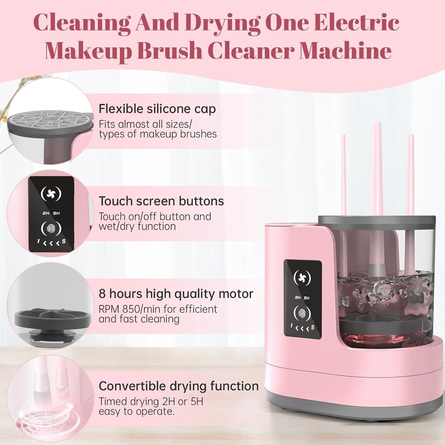 3 IN 1 Electric Makeup Brush Cleaner Machine With Makeup Brush Dryer-Holder-Portable Automatic USB Cosmetic Brushes Cleaner Tool for All Size Beauty Makeup Brush Set,Eyeshadow, Blush Brush (Rose Pink)