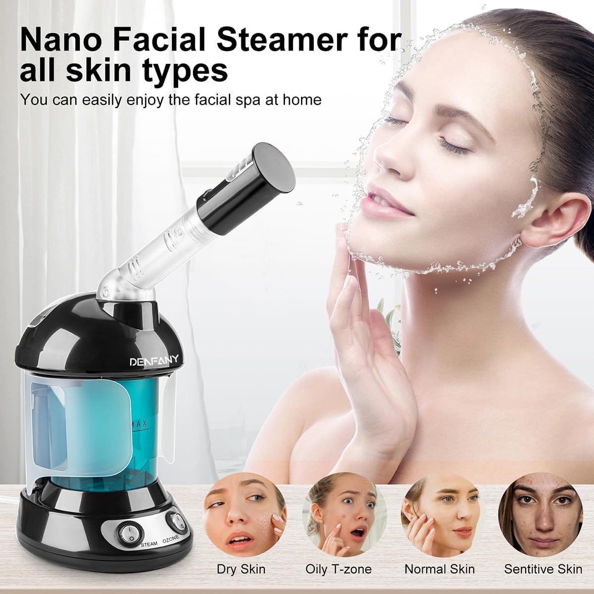 Facial Steamer - DENFANY Nano Ionic Face Steamer with Extendable 360° Rotating Arm - Portable Facial Steamer for Personal Care at Home or Salo (Black)