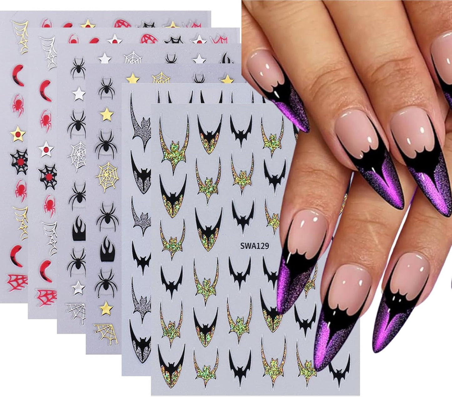 6 Sheets Halloween Nail Stickers Gold Silver Nail Art Stickers Bat Spider Web Stars Nail Decals with Glitter Bat Spide Love Design Nail Art Sticker Decoration for Women Girls Manicure Supplies