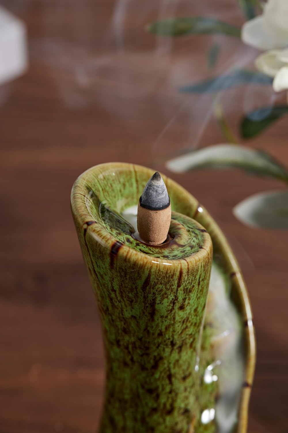 Unique Cloud Stairs Ceramic Waterfall Incense Holder, Paired with a Pack of Backflow Incense Cones. (Fambe Green)
