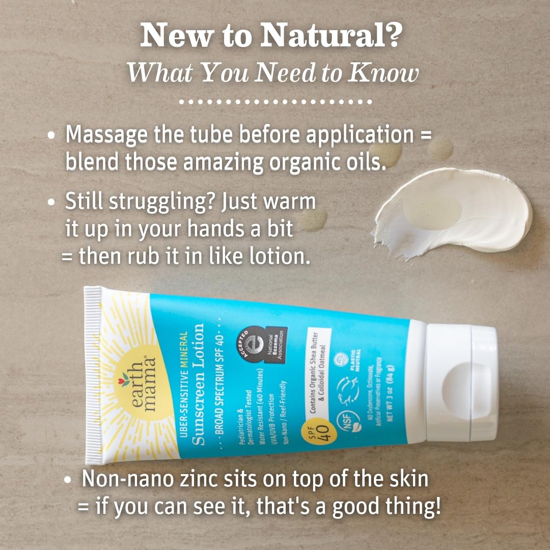Earth Mama Uber-Sensitive Mineral Sunscreen Lotion SPF 40 | Non-Nano Zinc, Contains Organic Colloidal Oatmeal | Steroid-Free Eczema Cream for Baby, Kid & Family, 3-Ounce