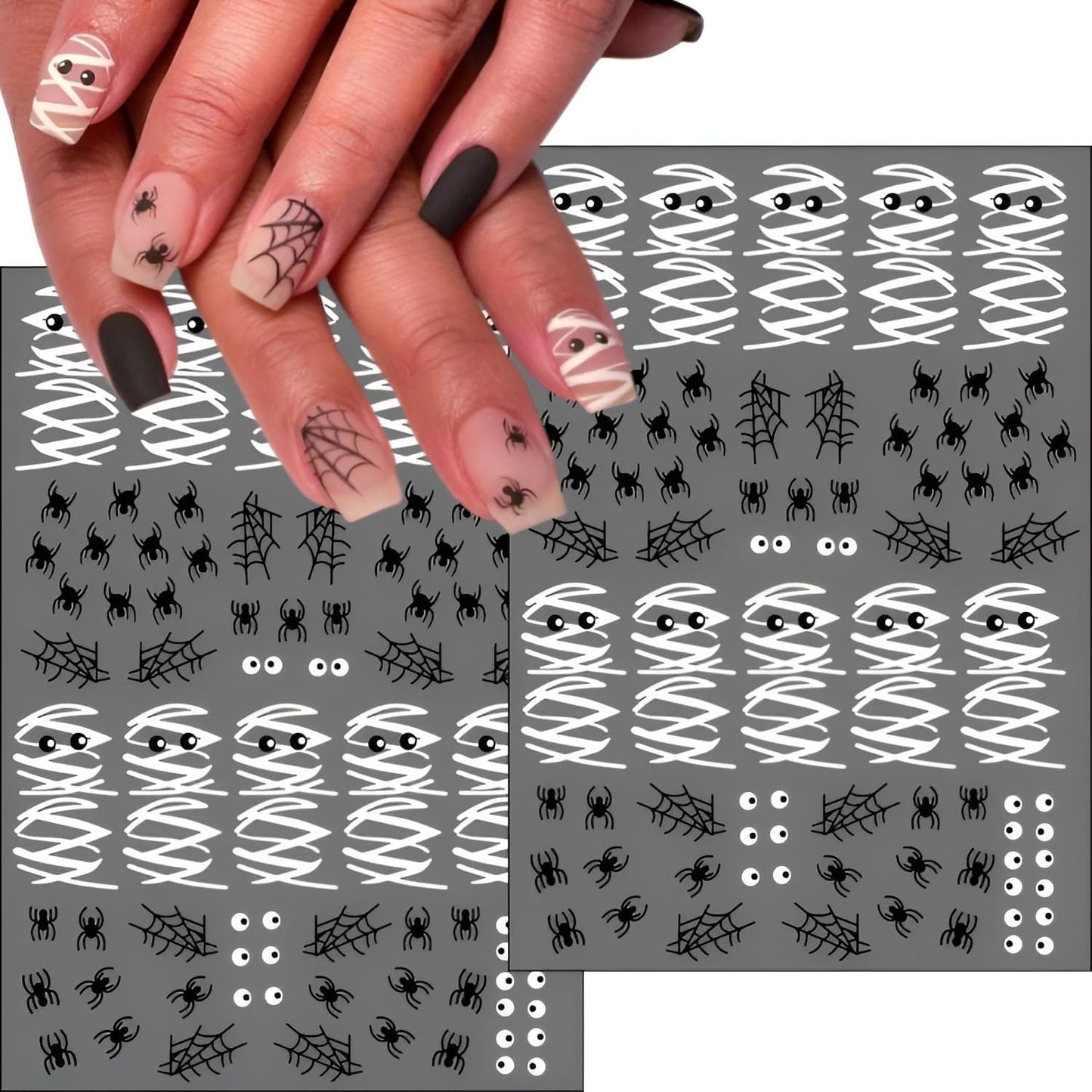 12 Sheets Halloween Nail Stickers for Nail Art 3D Self Adhesive Mummy & Cute Ghost Nail Decals Halloween Nail Stickers with Spider Pumpkin Spider Web Nails Design Flower Nails Supplies for Women Girls