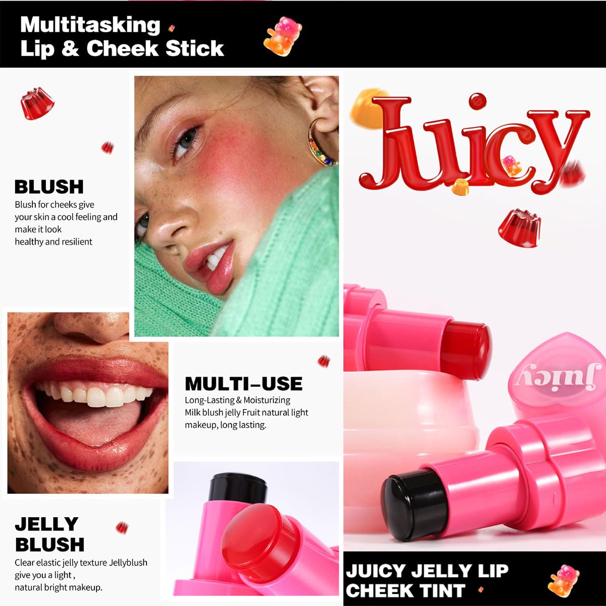 Cooling Water Jelly Tint Stick，Multi-Use Juicy Love Blush, 3-In-1cheek Blush & Eyeshadow & Lip Tinted Long-Lasting Moisture Stick，Bouncy Jelly Texture，Creates A Moist Watercolor Effect (#05, 0.32oz)