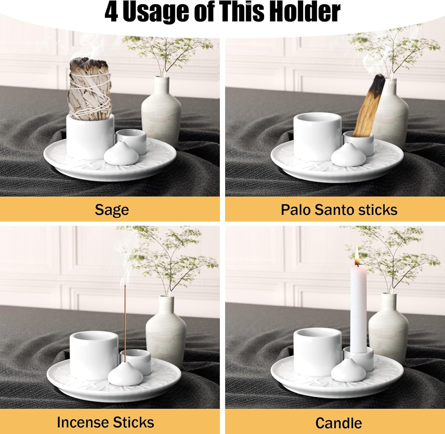 Palo Santo Holder - 4 in 1 Incense & Candle Holder - Ceramic Incense Holder Ash Catcher Tray for Meditation Room - Easy to Clean (White)