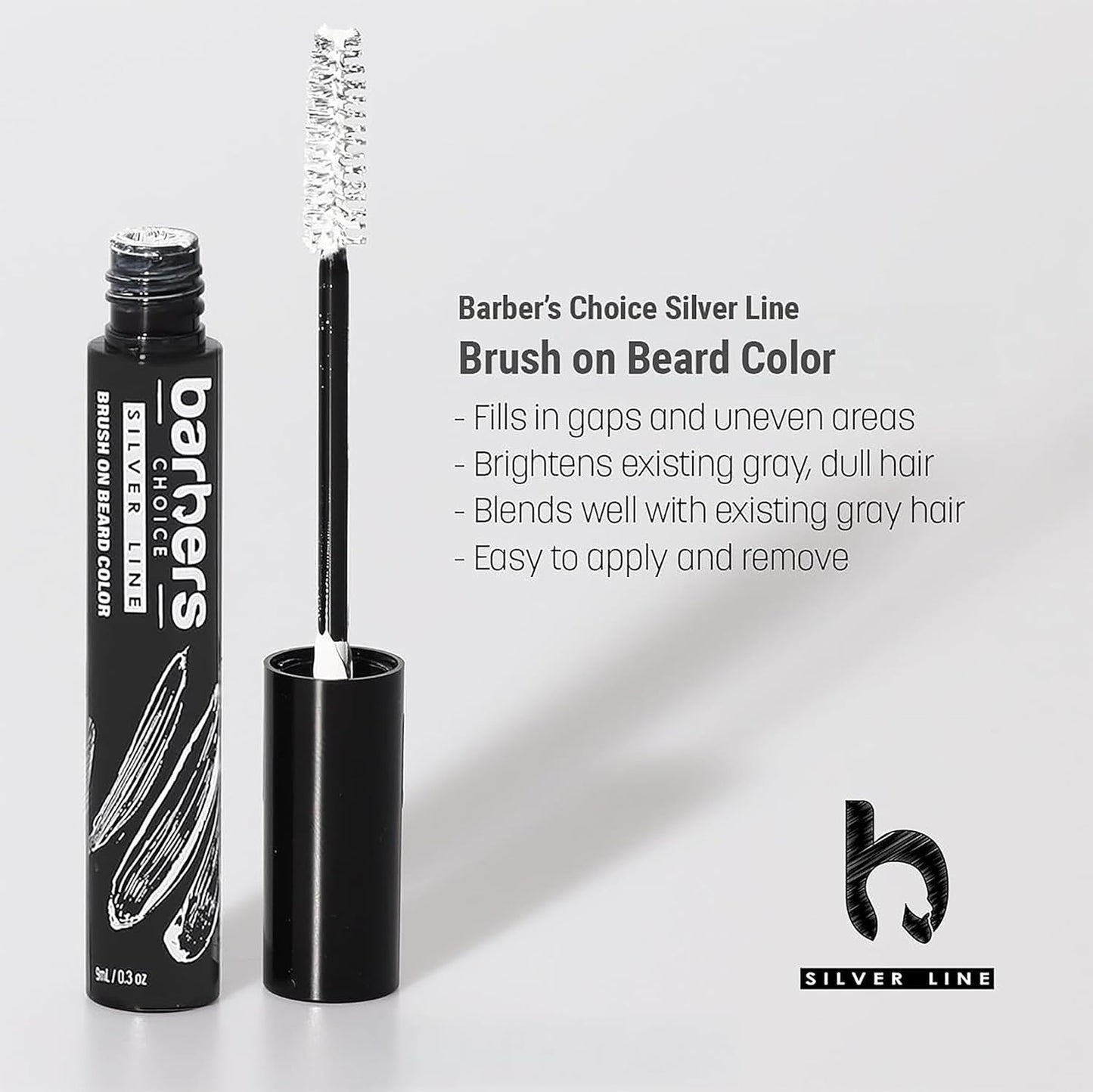 Barbers Choice Silver Line, Facial Hair Brush on Temporary Color for Silver Fox Men- Instantly Brighten White Beards, Mustache & Sideburns, Less Yellow, Easy Application, Steel Gray