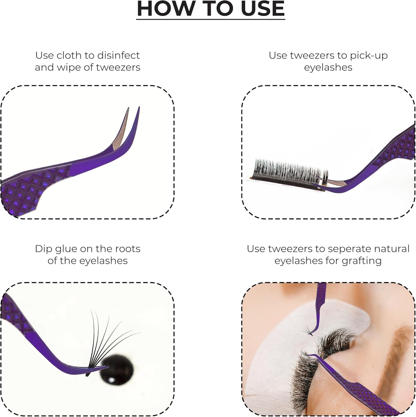 SIVOTE Eyelash Extension Tweezers Fiber Tips, Set of 6, Curved, Dolphin, 90 Degree 45 Degree, Volume Boot & Slight Curved Tweezer, Purple