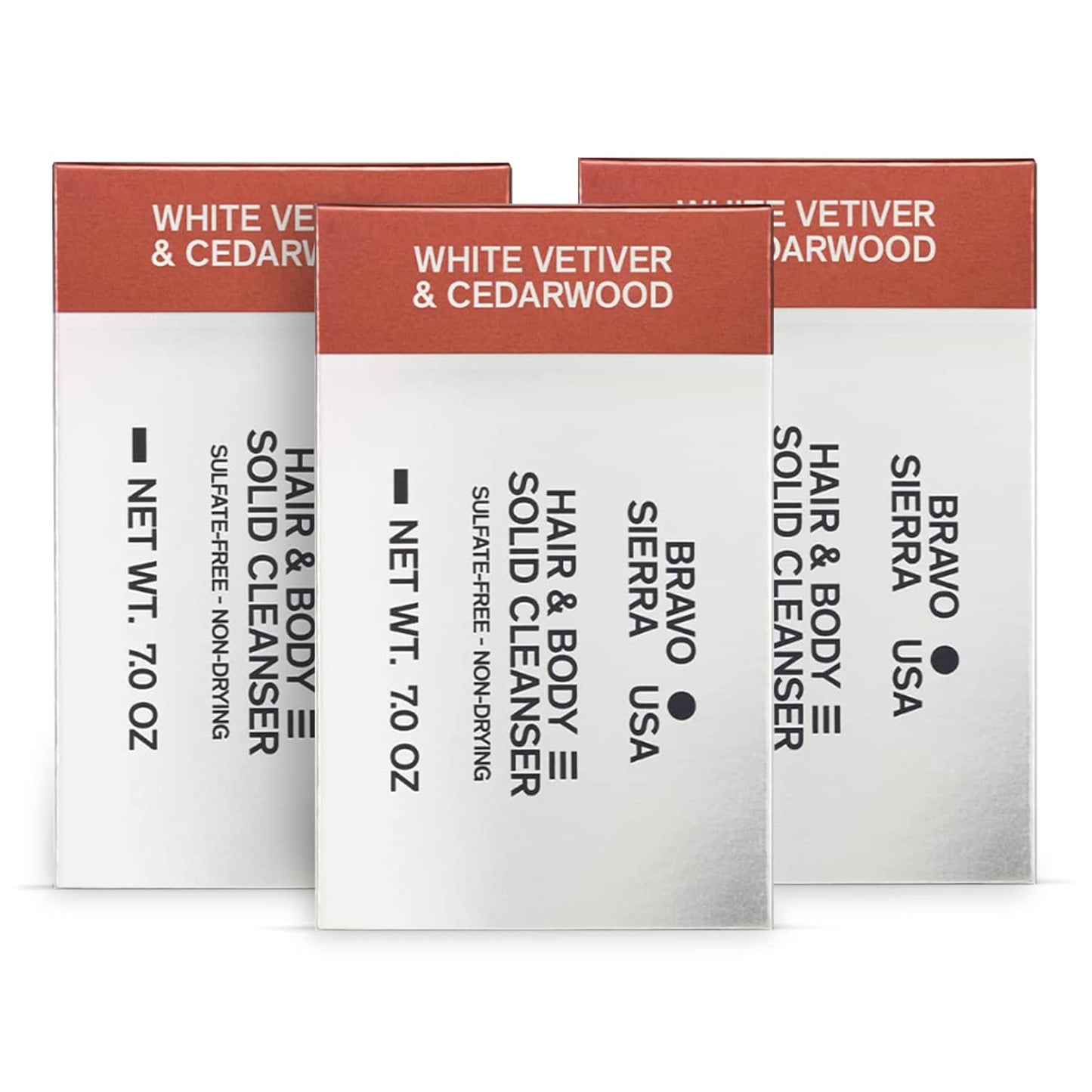 Bravo Sierra Body and Hair Shampoo Bar All-In-One Mens Solid Cleanser Soap for Face & Body - 3-Pack (White Vetiver & Cedarwood) - Coconut, Shea Butter for Soft Skin & Hair