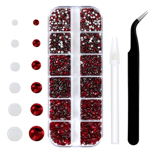 4240Pcs Dark Red Flatback Rhinestones 6 Sizes Crystal Diamonds for Nail Art Crafts Clothes Shoes with Tweezers and Picking Pen