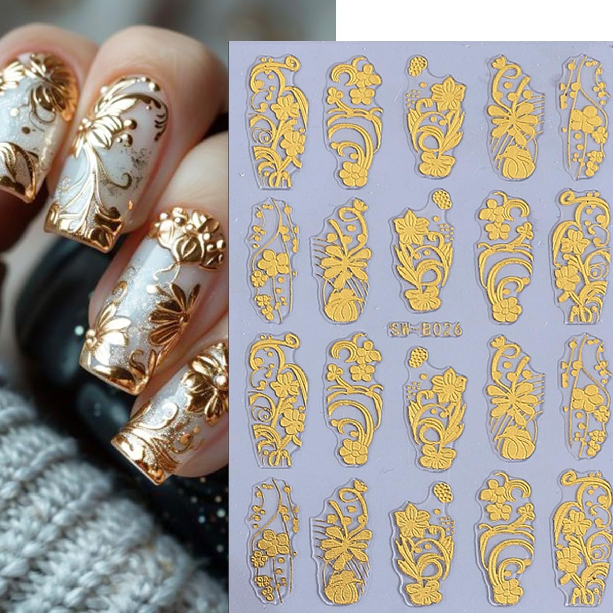 3D Gold Nail Art Stickers 4 Sheets Metallic Flower Leaf Nail Stickers Retro Totem Floral Nails Decals Self Adhesive Gold Designs Luxury Accessories Manicure Supplies for Women DIY Acrylic Decorations