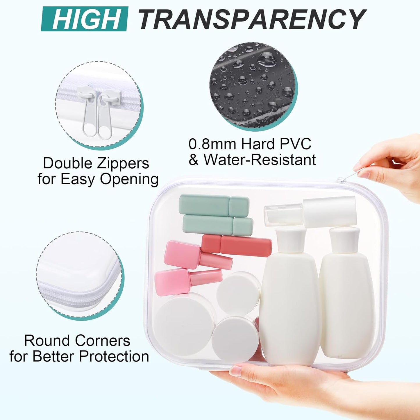 Hoolerry 3 Pcs Clear Hard Zipper Case Plastic Pouch Transparent Hard Case Clear Makeup Bag Portable Travel Organizer Bin for Cosmetics, Building Blocks, Puzzles(White,M)