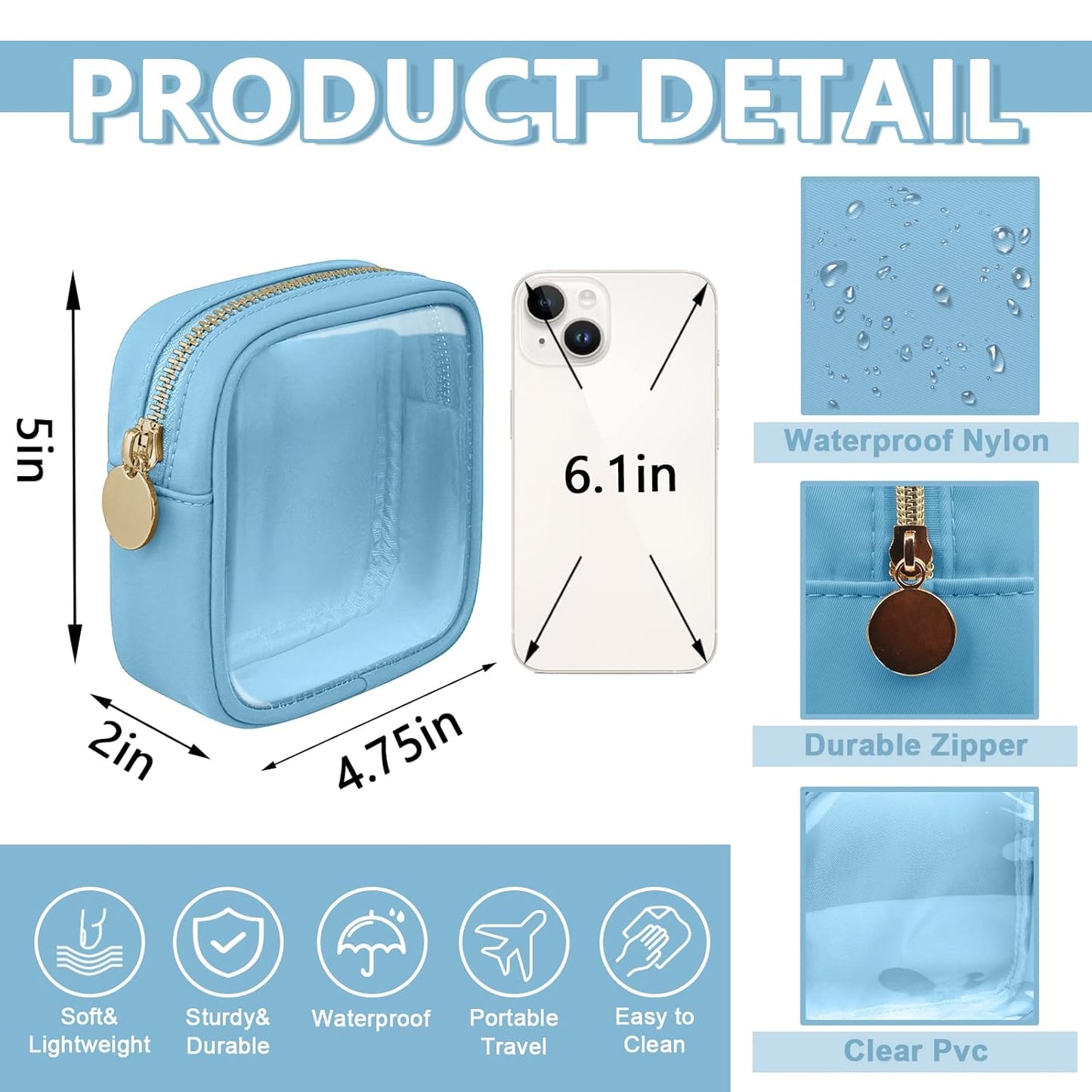 Clear Mini Makeup Bag for Purse, Small Nylon&PVC Cosmetic Travel Bag TSA Approved Toiletry Bag with Zipper, Preppy Transparent Makeup Travel Bag Coin Purse for Women Men Girls(Mini-Blue)