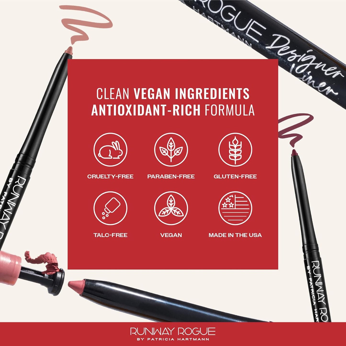 Runway Rogue Designer Liner Lip Pencil, Matte Classic True-Red Lip Liner Pencil and Lip Liner Sharpener, ‘Statement Piece’