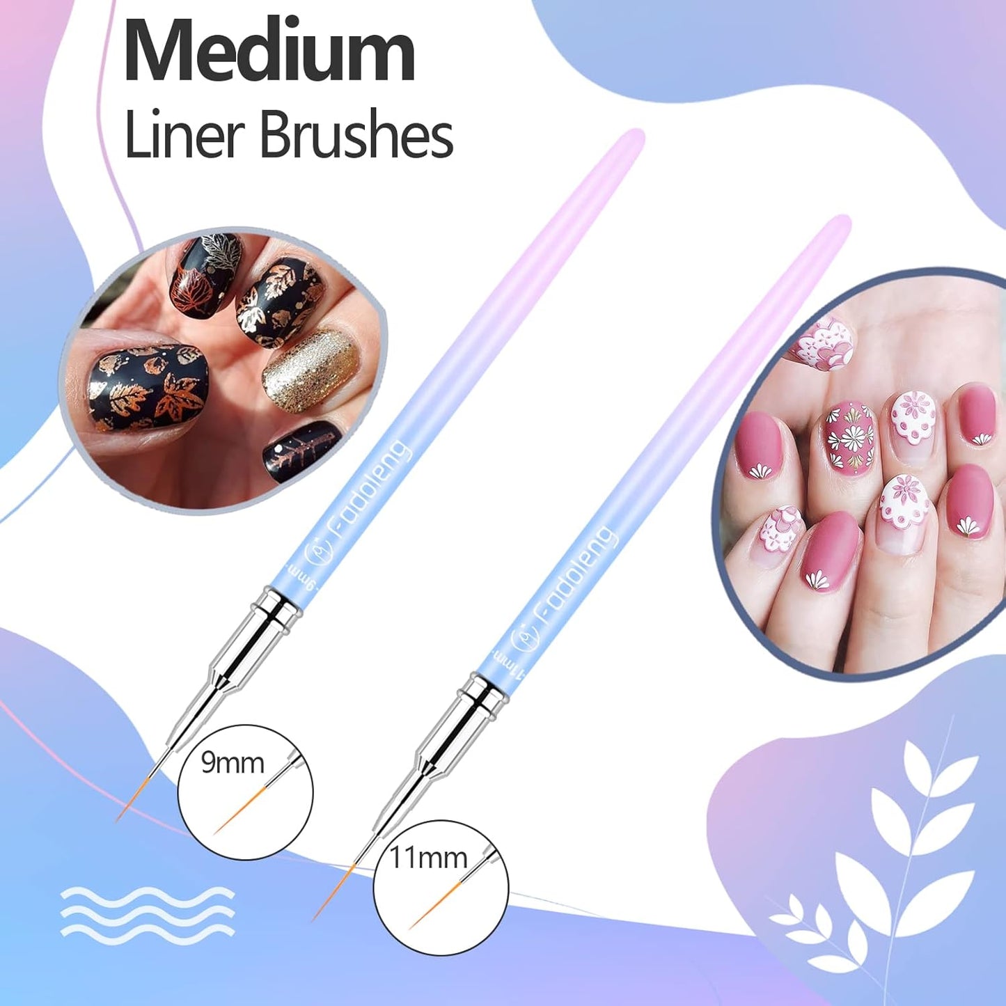 Liner Brush for Nails, 6Pcs Thin Nail Art Brushes Professional Nail Detail Brush for Gel Polish Sizes 5/7/9/11/15/25mm (Blue and Pink)