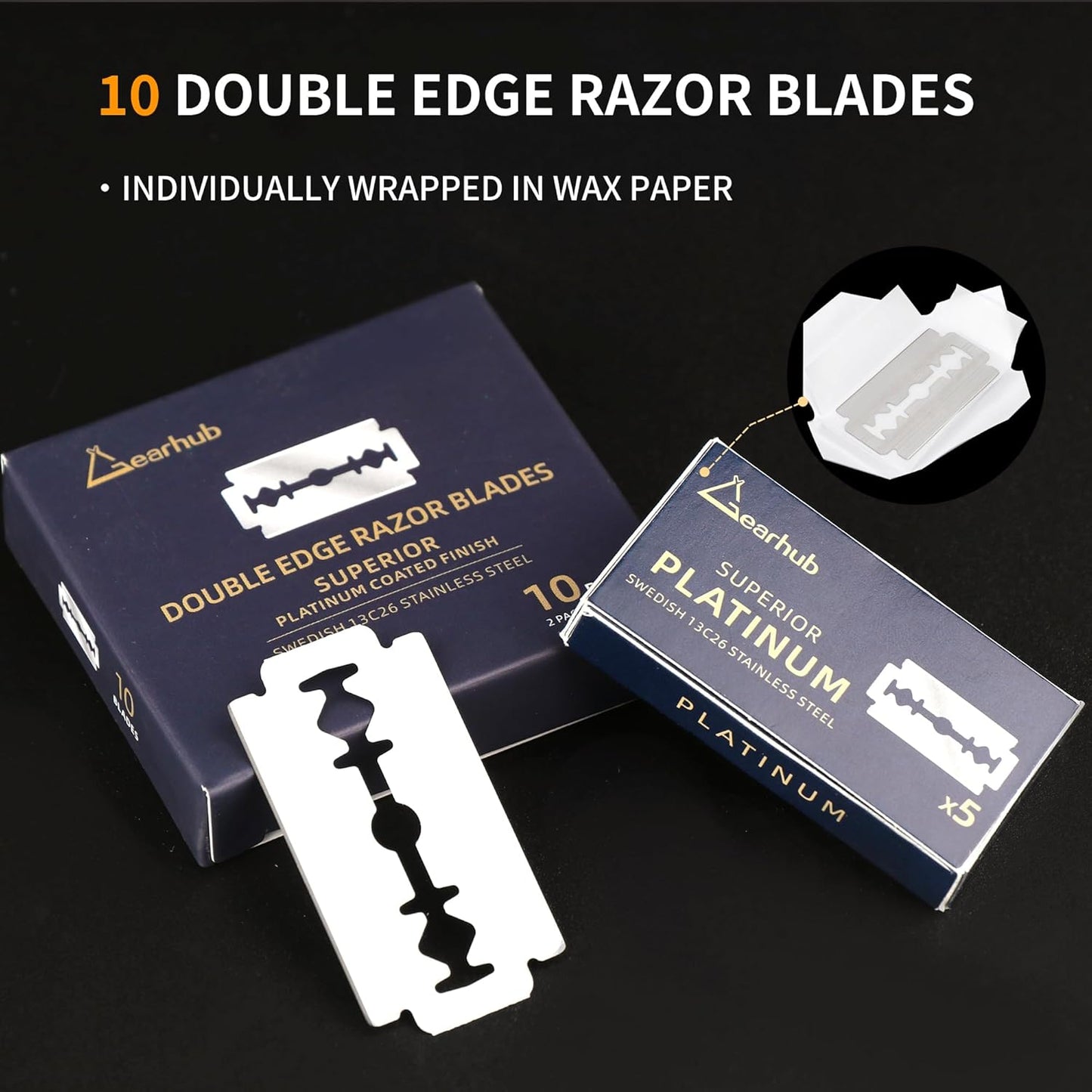 Gearhub Premium 10 Count Double Edge Safety Razor Blades Refills Swedish 13C26 Stainless Steel Platinum Coated, Mild to Medium Sharpness for Smooth Shaves
