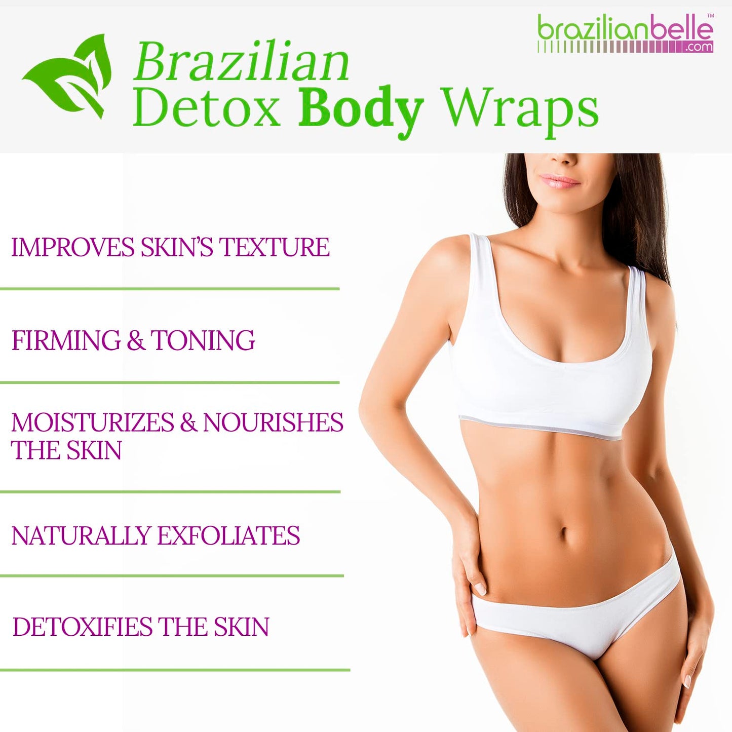 Brazilian Belle Detox Clay Body Wraps for Body Firming & Skin Tightening – Anti-Cellulite Stomach Wraps with Bentonite Clay & Aloe Vera – Complete Firming Cream Skincare Kit with up to 12 Applications