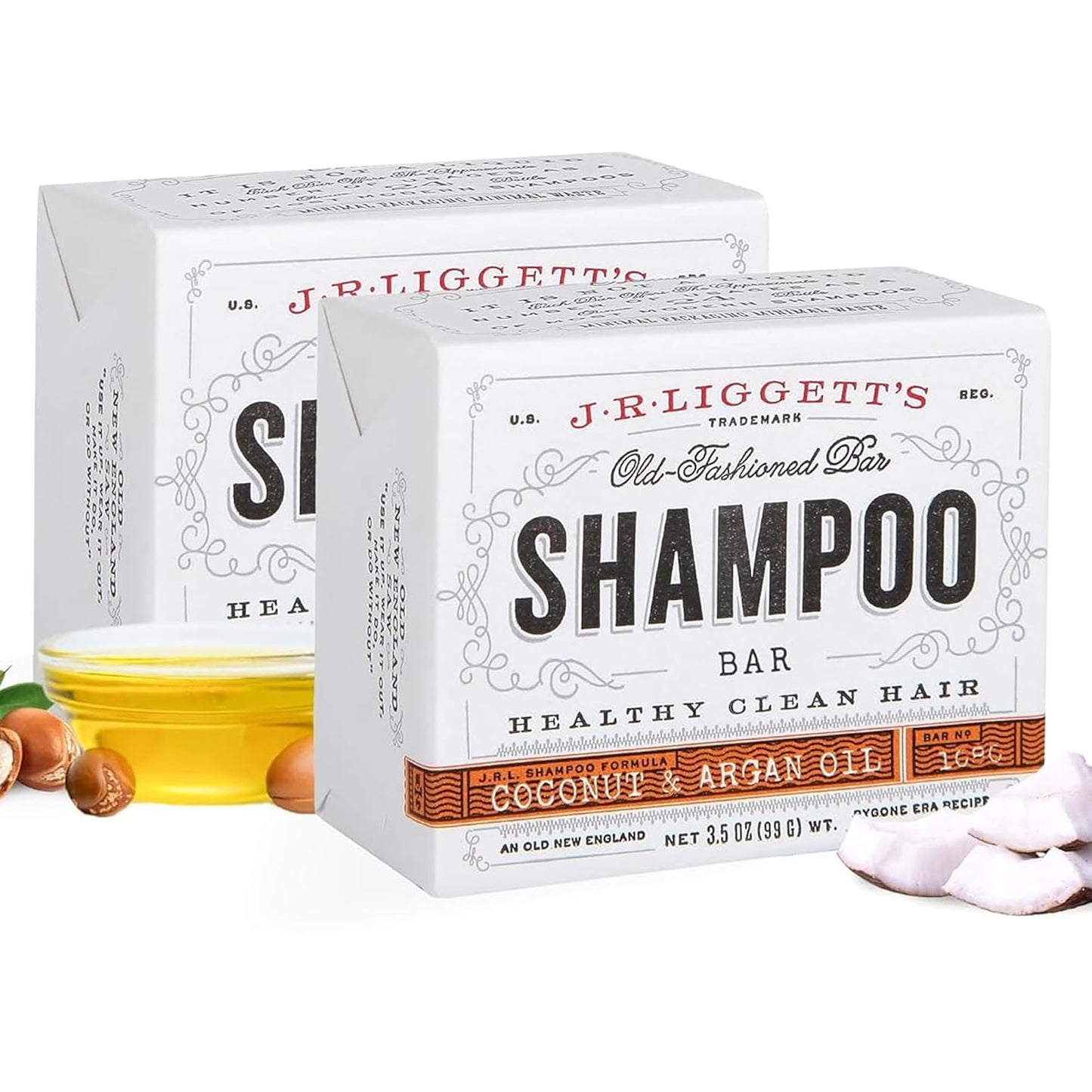 J·R·LIGGETT'S Shampoo Bar - Coconut & Argan Oil, All Natural Solid Shampoo for Hair with Olive Oil & Castor Oil, Sulfate Free, GMO Free, Restores Shine, Reduces Frizz, Manageable Hair, 3.5 oz - 2 Pack
