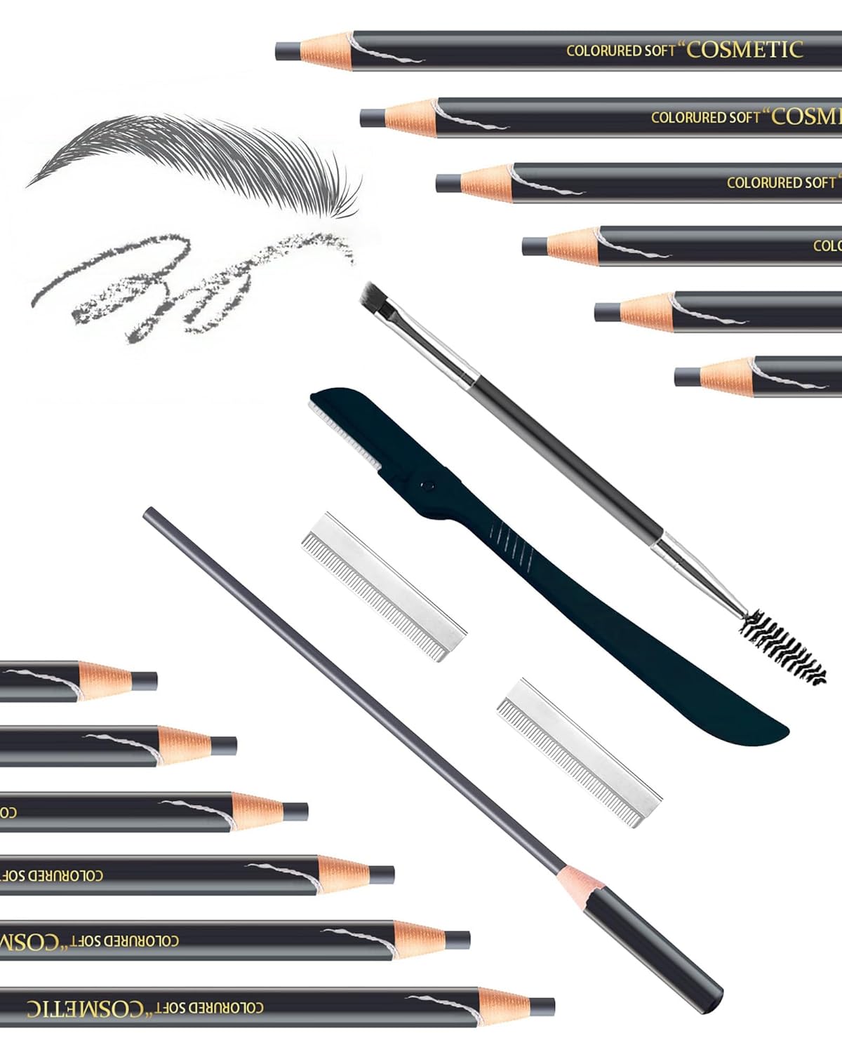 12 Piece Gray Waterproof Eyebrow Pencils for Women w/Microblading Eyebrow Pencil & Brow Trimming Supplies Kit Permanent Eye Brow Liners Set For Salon-Quality Shaping & Filling Of Marks