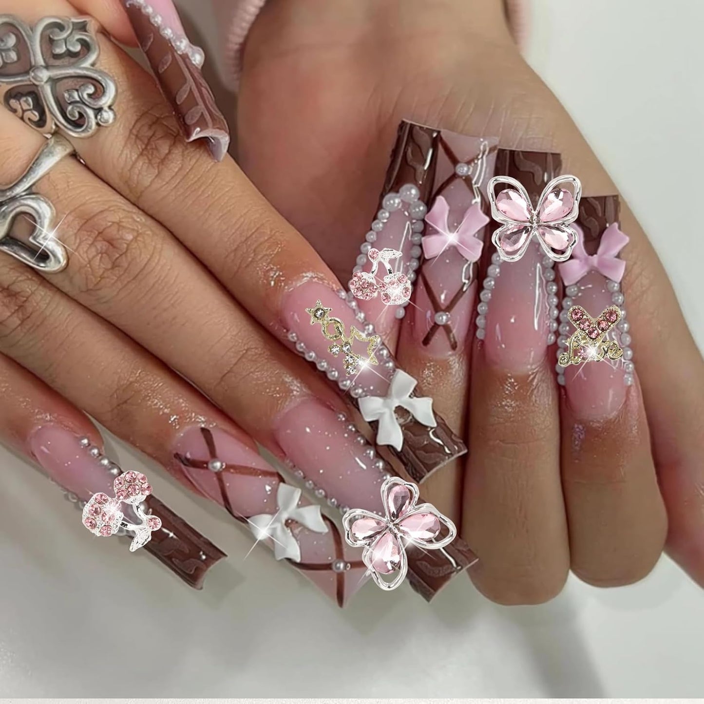 40PCS Nail Charms Y2k Pink Gold Nail Art Rhinestone Charms 3D Heart Star Bow Cherry Nail Gems for Acrylic Nail Accessories for Women Girl Manicure DlY Crafts Supplies