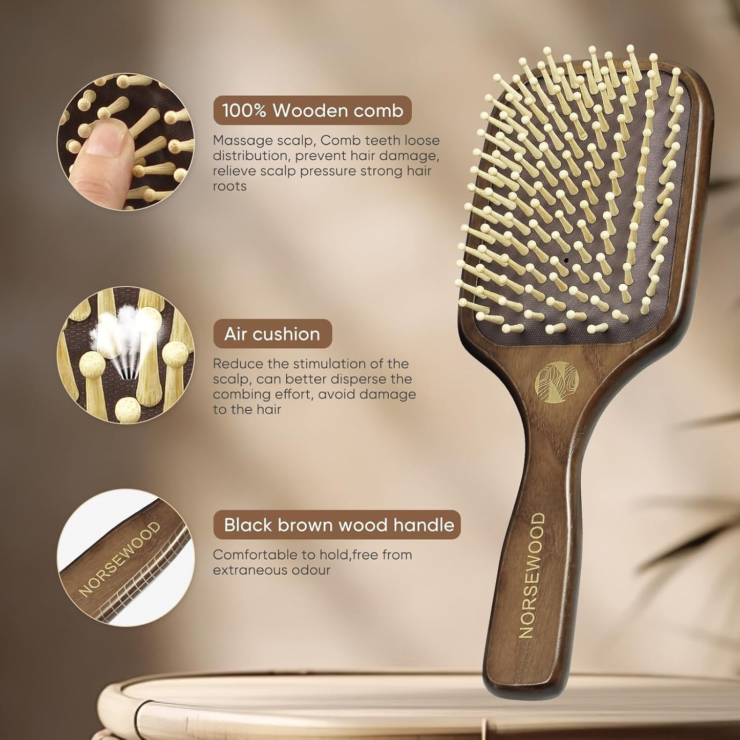 100% Natural Wood Hairbrush for Massaging Scalp,for Most Hair Types, Wooden Bristle for Reducing Damage, Scalp Massager Perfect for Women, Men & Kids