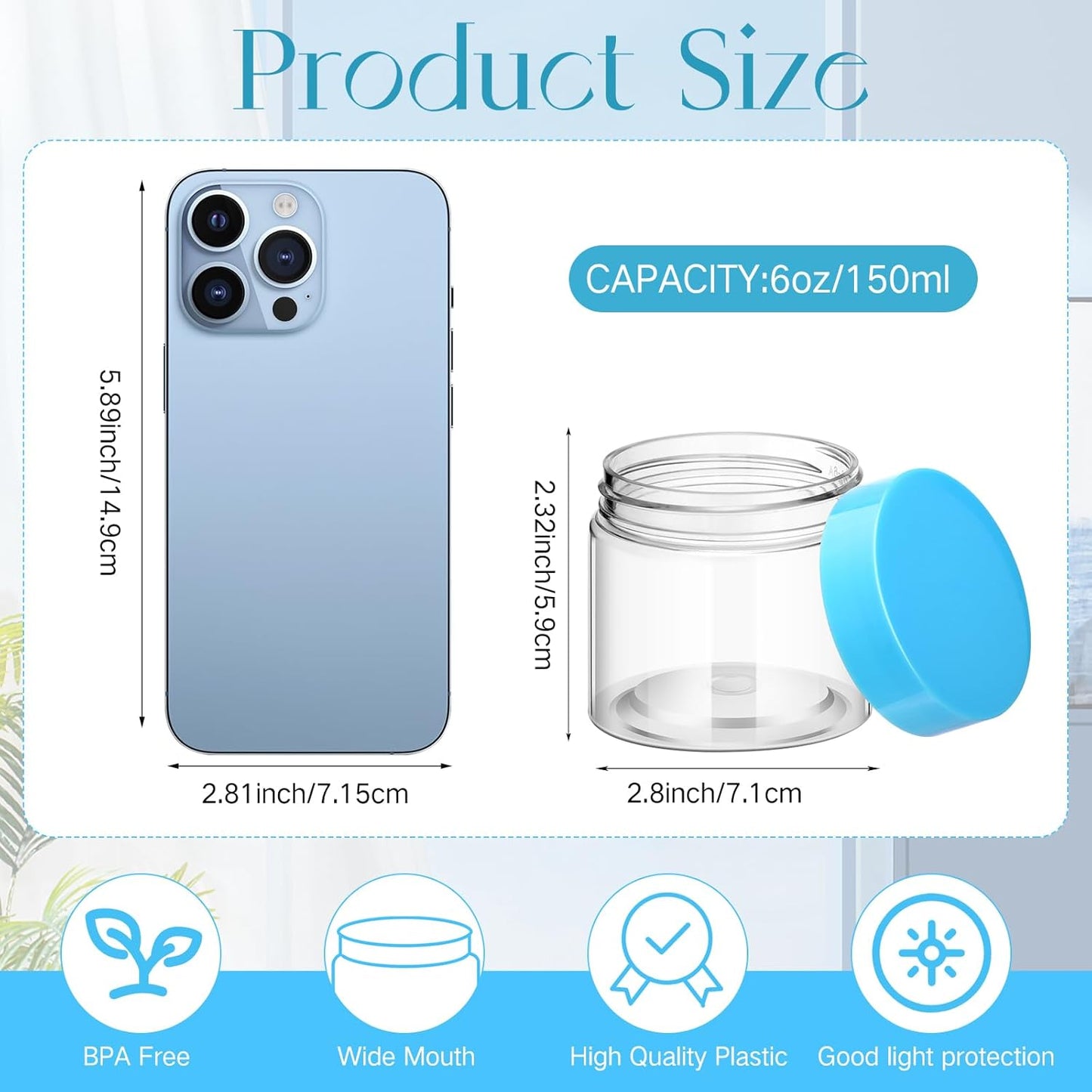 SATINIOR 24 Pieces Empty Clear Plastic Jars with Lids Round Storage Containers Wide Mouth for Beauty Product Cosmetic Cream Lotion Liquid Butter Craft and Food(Blue Lid,6 oz)